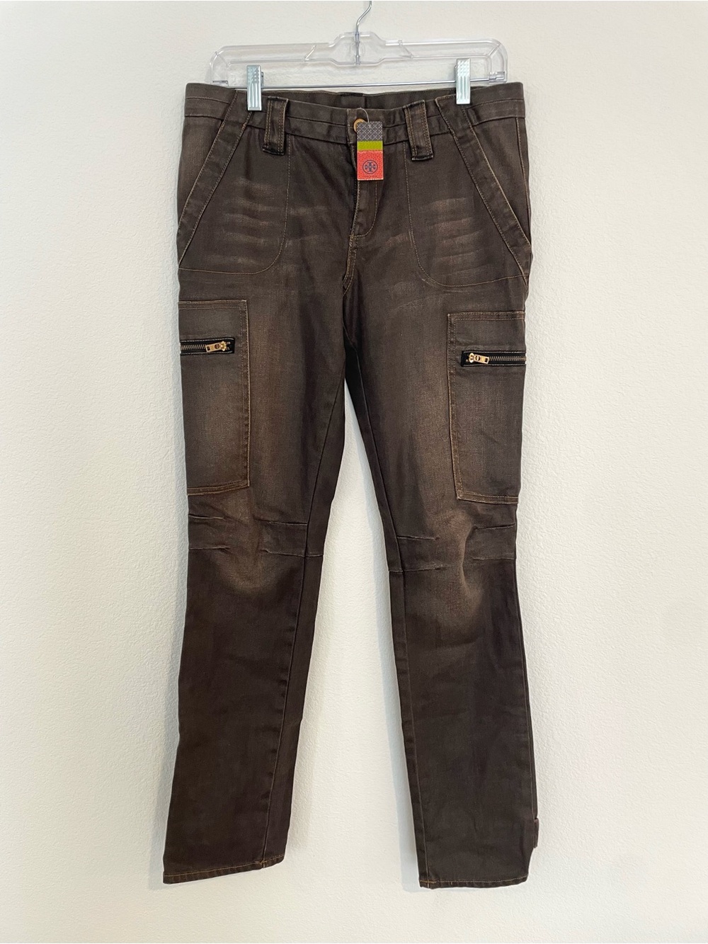 Tory Burch Women’s Dark Brown Slimcargo Pants with Zip Pockets